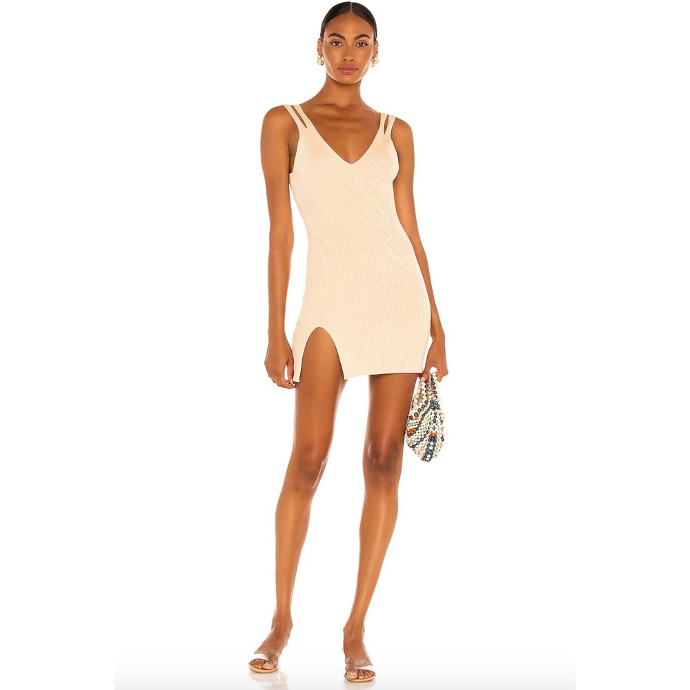 NWT Camila‎ Coelho Yara Dress in Macadamia Beige Ribbed Knit Mini Dress Medium